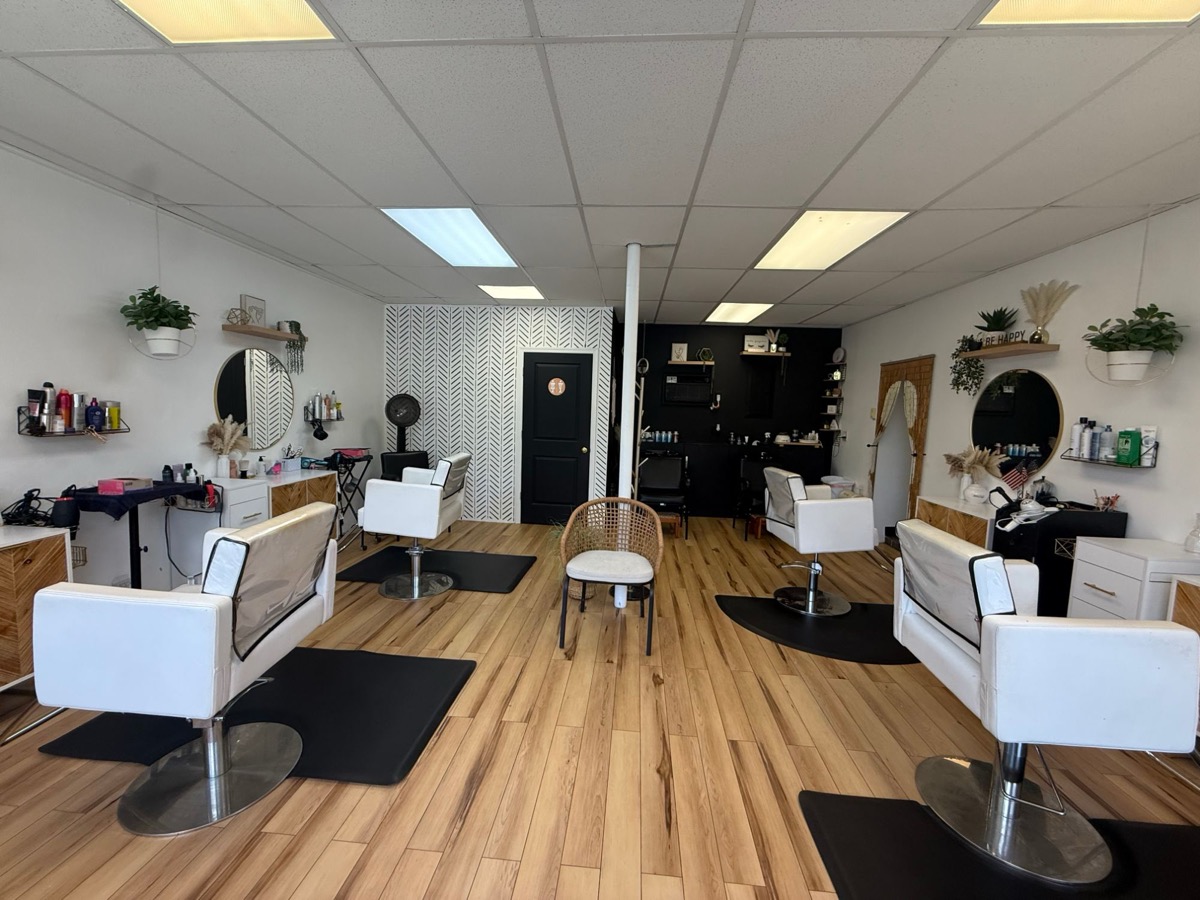 Inside Mane Street Hair Studio: bright stations, wood floors, and plants